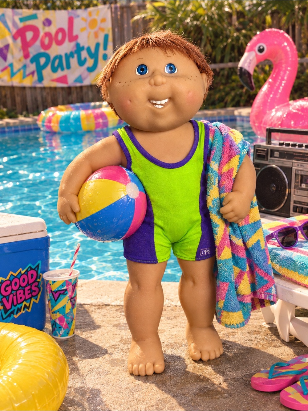1991 Vintage Cabbage Patch Kids Splash N Tan Boy Doll: Red hair, Blue eyes